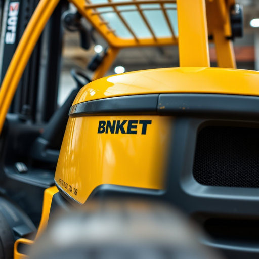 Close-up of a yellow forklift with a modern design, sharply focused, 50mm lens, f/2.8 aperture, ISO 100, natural lighting, 45-degree angle view, high-resolution digital camera.