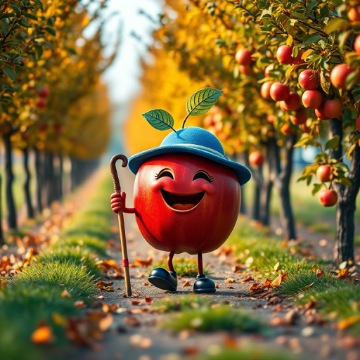 Create a whimsical scene featuring a cheerful cartoon apple character wearing a blue hat and holding a cane, walking down a picturesque autumn pathway lined with apple trees, captured with a Canon EOS R5, 50mm lens, f/1.8, ISO 100, natural lighting, eye level view, vibrant colors, and a soft background blur to enhance focus on the character.