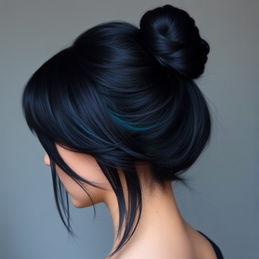 Raven black hair with subtle blue undertones, styled in a sleek, high bun with choppy bangs, the Midnight Raven style exudes mysterious allure and polished sophistication