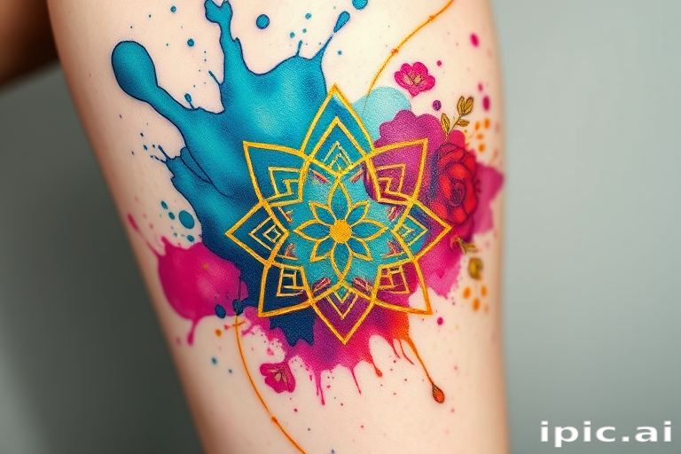 Vibrant watercolor splash tattoo "Chromatic Cascade" featuring swirling hues of teal, magenta, and gold, blending seamlessly into intricate geometric patterns and delicate floral elements