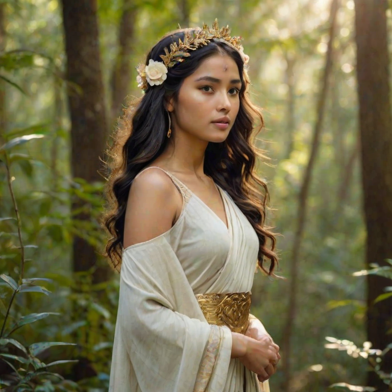 Create a portrait of a goddess-like Nepali girl figure in a tranquil, forested environment. She has an elegant appearance with long, wavy hair styled in an updo and adorned with a delicate, floral headband. She wears a flowing, ancient Greek-inspired gown in a soft, pale color, featuring a one-shoulder design and draped fabric that accentuates her graceful form. The outfit includes a decorative belt with ornate gold detailing, and she holds a bow in her hand, with a quiver of arrows slung over her shoulder. The background depicts lush greenery, with sunlight filtering through the trees, casting a gentle, ethereal light on the scene. Her expression is calm and contemplative, embodying a sense of wisdom and serenity.