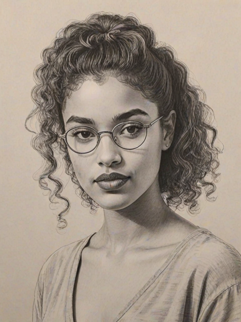 Enchanting Indya Moore, pencil sketch, portrait of Lovely woman 1955s in glasses, hair style beatnik, outline, clear lines, fine lines, 8k