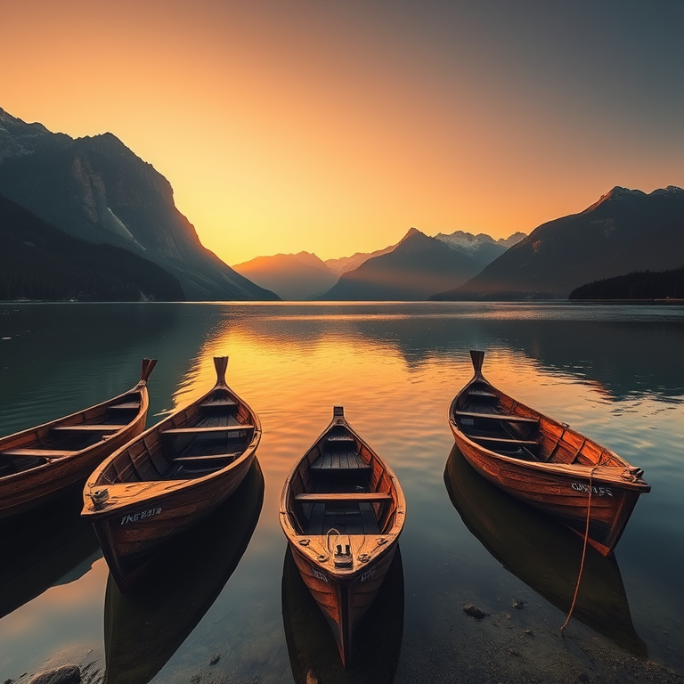 capture a serene lake scene with wooden boats in the foreground and majestic mountains in the background at golden hour, 35mm lens, f/8 aperture, ISO 100, shutter speed 1/125s, landscape orientation, DSLR camera, wide-angle view, high dynamic range imaging