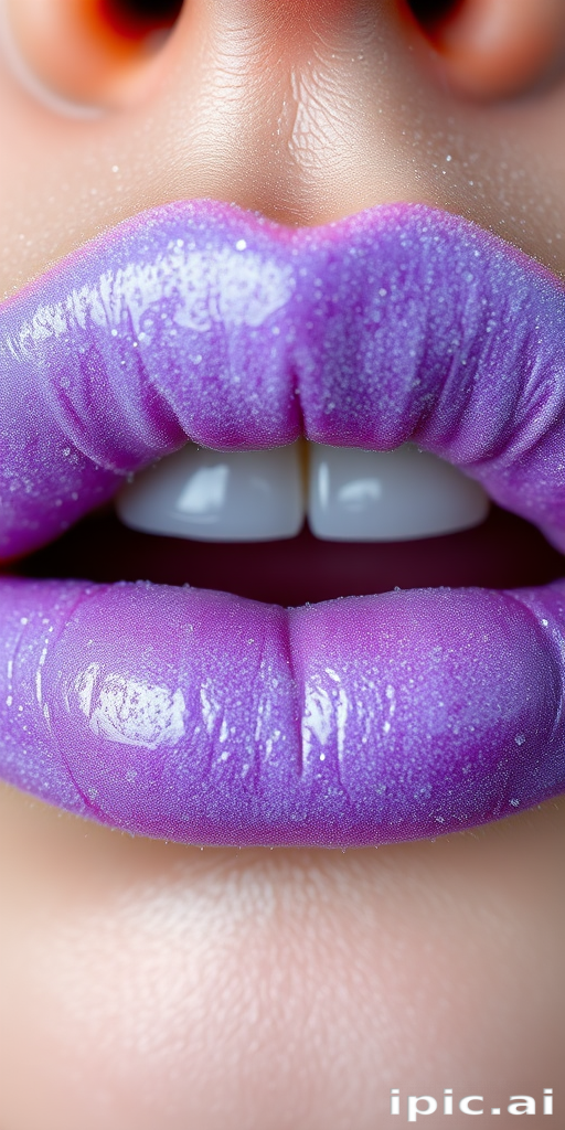 Striking depiction of frosted lavender lips with a sparkling overlay, showcasing a whimsical and ethereal quality in crystal-clear focus