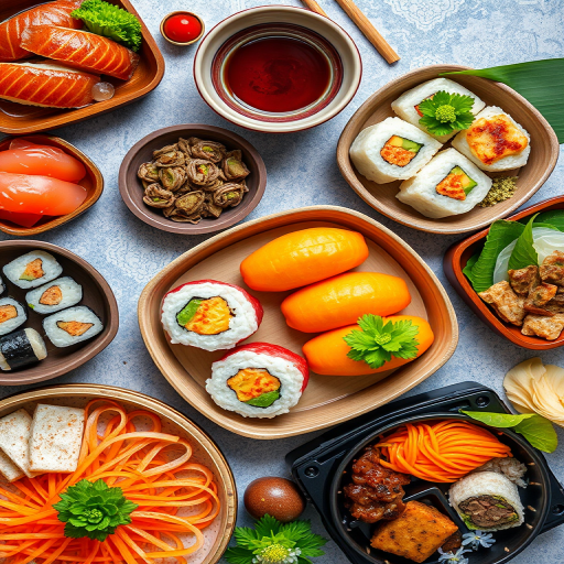 Capture a vibrant flat lay of assorted Japanese cuisine with a focus on sushi and bento boxes, using a Canon EOS R5 with a 50mm f/1.2 lens at ISO 100, aperture f/2.8, and shutter speed 1/125s, natural light from above to enhance colors and textures.