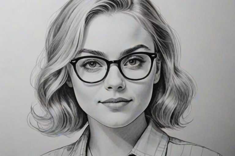 Lovely AnnaSophia Robb, pencil sketch, portrait of Superb woman 1955s in glasses, hair style beatnik, outline, clear lines, fine lines, 8k