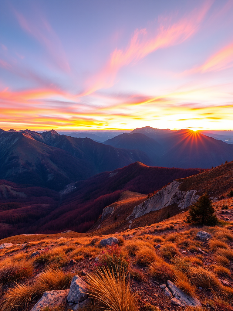 Regenerate the image of a serene mountain landscape at sunrise with vibrant colors, using a Canon EOS R5 camera, 24mm lens, f/8 aperture, ISO 100, 1/200 sec shutter speed, with a wide-angle view and HDR style for enhanced detail and clarity.