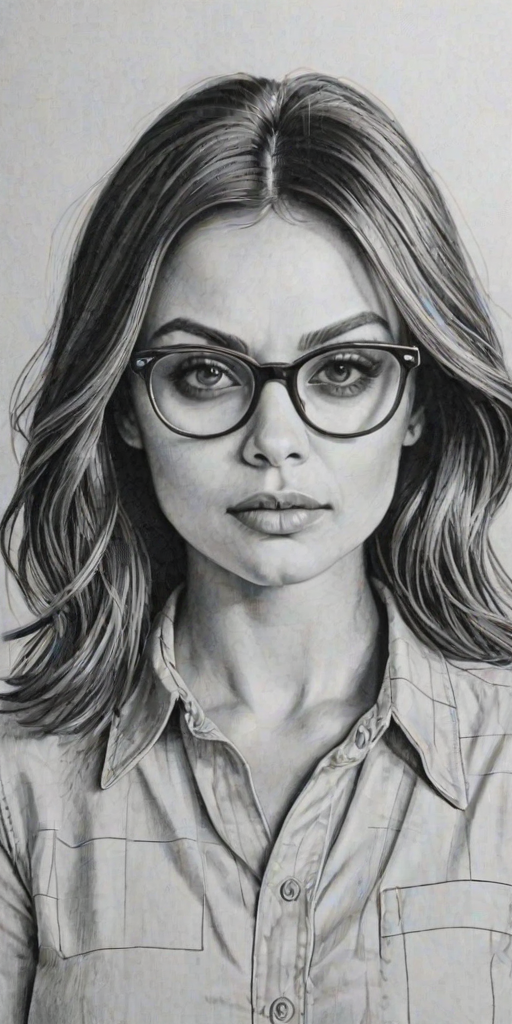 Gorgeous Mila Kunis, pencil sketch, portrait of Attractive woman 1947s in glasses, hair style beatnik, outline, clear lines, fine lines, 8k