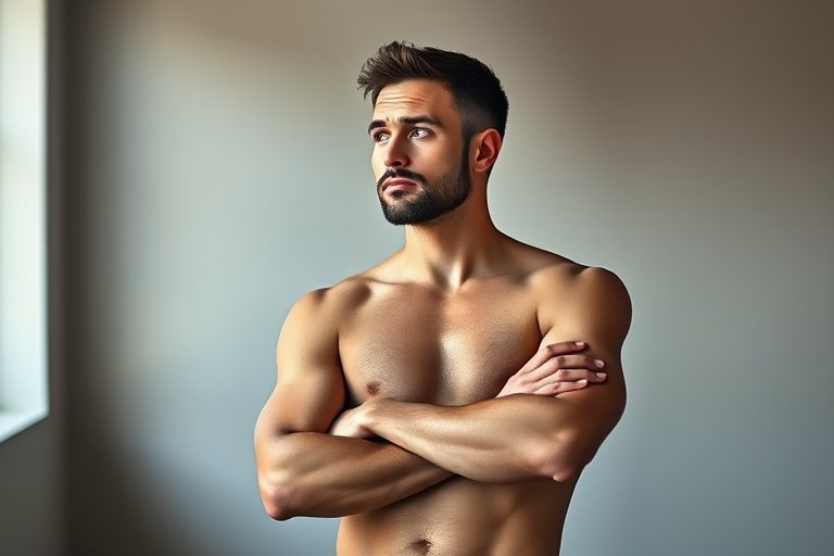 Create a high-resolution image of a thoughtful, shirtless man standing with his arms crossed, using a DSLR camera at 50mm, f/1.8 aperture, ISO 100, natural lighting, in a studio setting, with a depth of field effect to enhance the background blur.