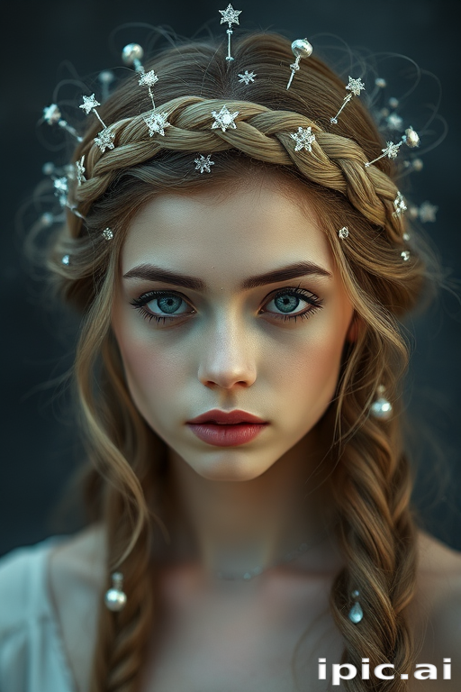 Mystical moonlight silver halo braid crown with ethereal wisps framing the face, adorned with delicate celestial hair accessories