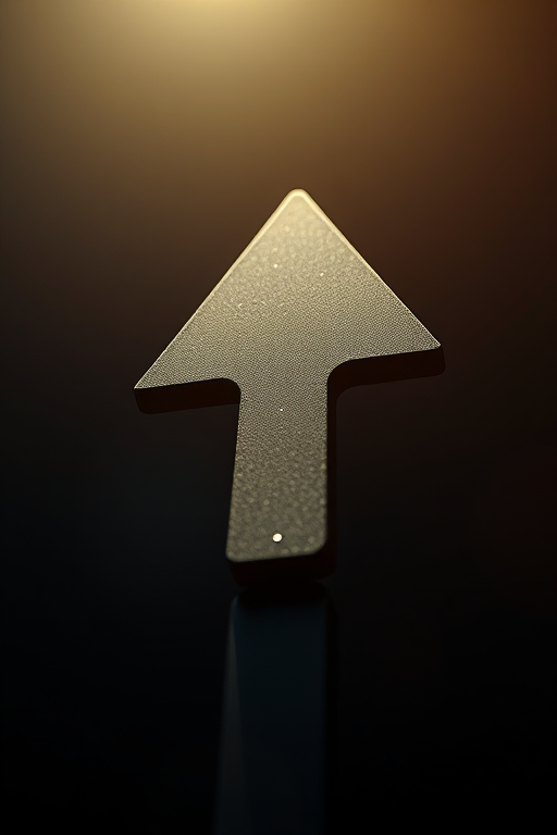 Create a high-resolution image of a 3D arrow pointing north, use a Canon EOS R5 camera, 50mm lens, aperture f/1.8, ISO 100, shot from a slight low angle with dramatic lighting to enhance the 3D effect.