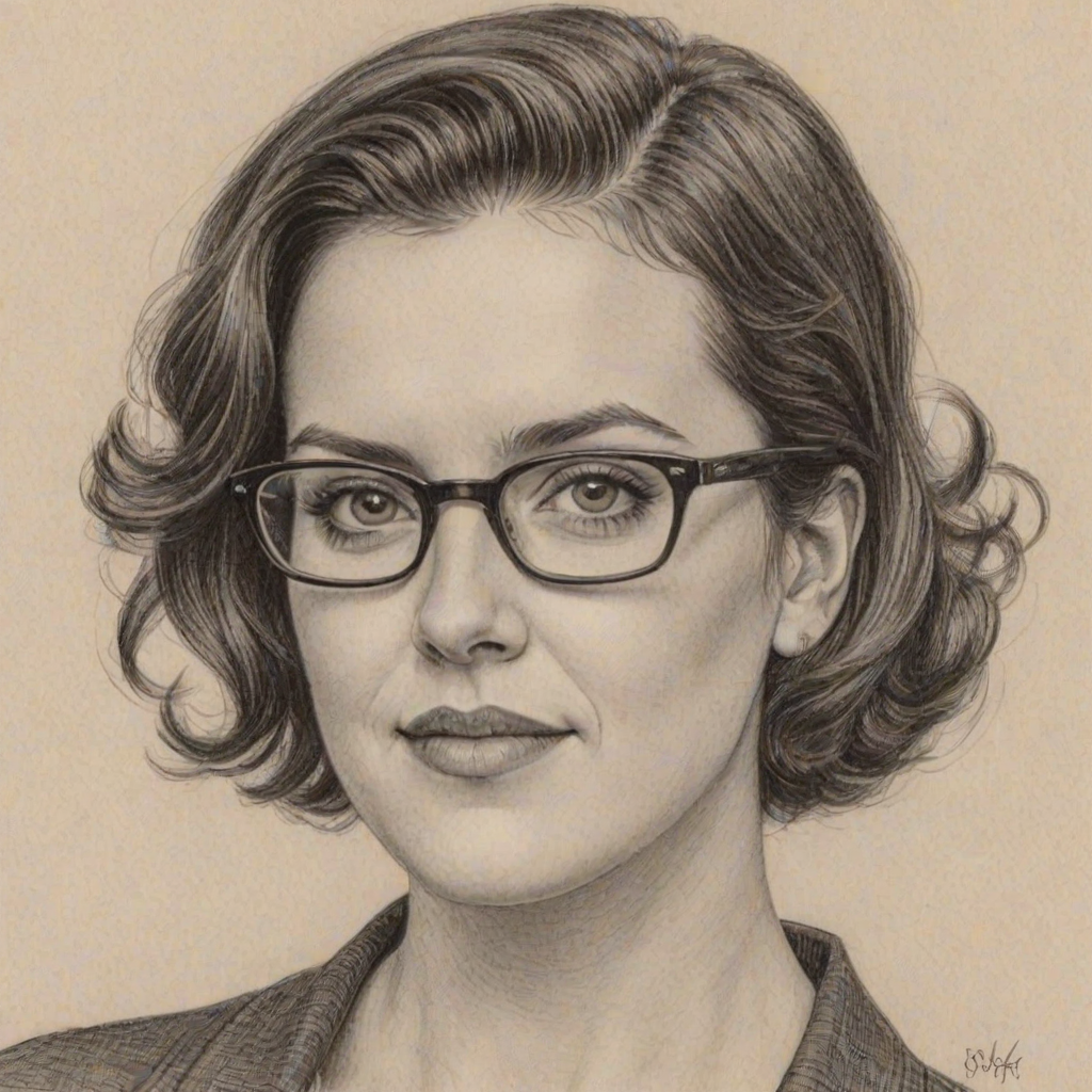 Magnificent Melanie Lynskey, pencil sketch, portrait of Enticing woman 1956s in glasses, hair style beatnik, outline, clear lines, fine lines, 8k