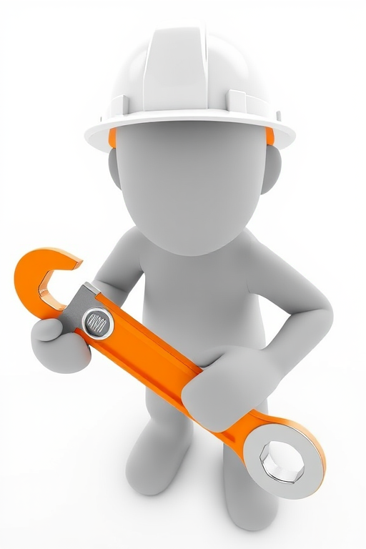 3D render of a gray humanoid character holding a large orange wrench, wearing a white hard hat, bright studio lighting, high-resolution, f/2.8 aperture, 35mm lens, shallow depth of field, overhead angle, soft shadows.