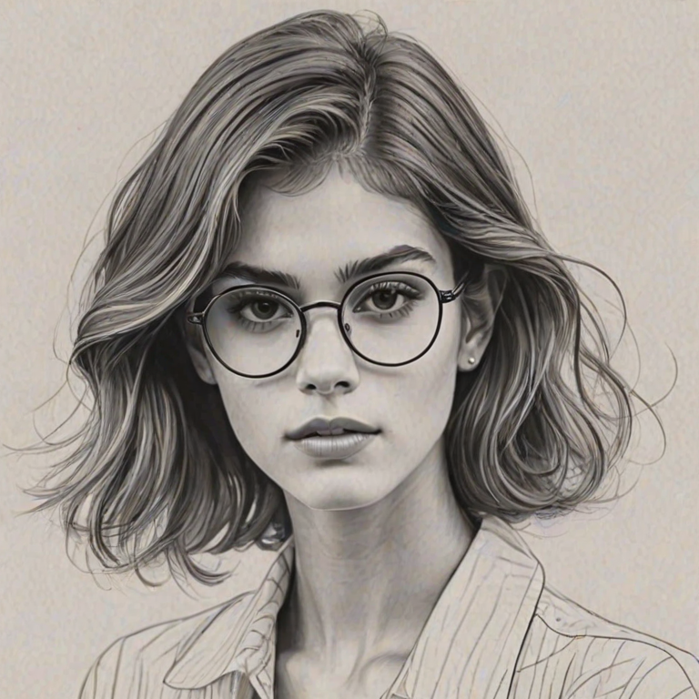 Enchanting Kaia Gerber, pencil sketch, portrait of Superb woman 1922s in glasses, hair style beatnik, outline, clear lines, fine lines, 8k
