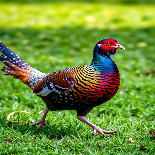 A colorful pheasant walking on green grass in bright daylight, captured with a DSLR camera, 85mm lens, f/2.8 aperture, ISO 100, shallow depth of field, side view for detailed feather texture.