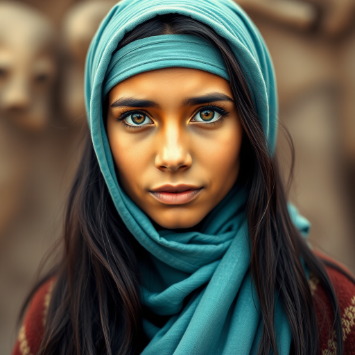 Create a portrait of a young Inca female with long, dark hair and captivating hazel eyes. She is wearing a cyan headscarf and a matching scarf draped gracefully around her neck. The background is softly blurred, focusing attention on her serene and natural expression. The overall color palette is muted and warm, enhancing the intimate and authentic feel of the portrait.