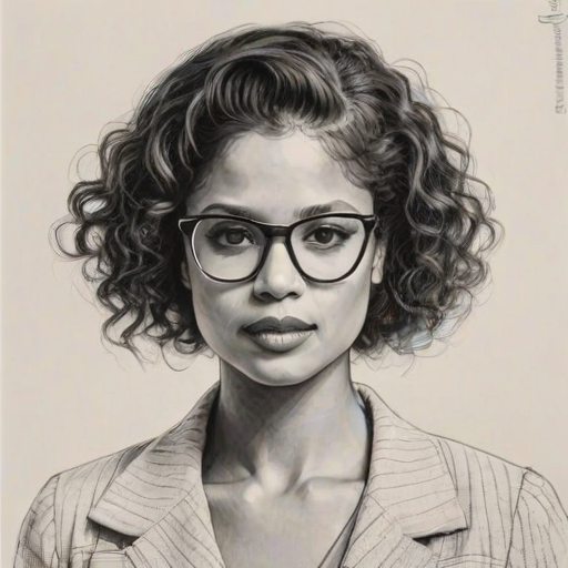 Graceful Gugu Mbatha-Raw, pencil sketch, portrait of Elegant woman 1921s in glasses, hair style beatnik, outline, clear lines, fine lines, 8k