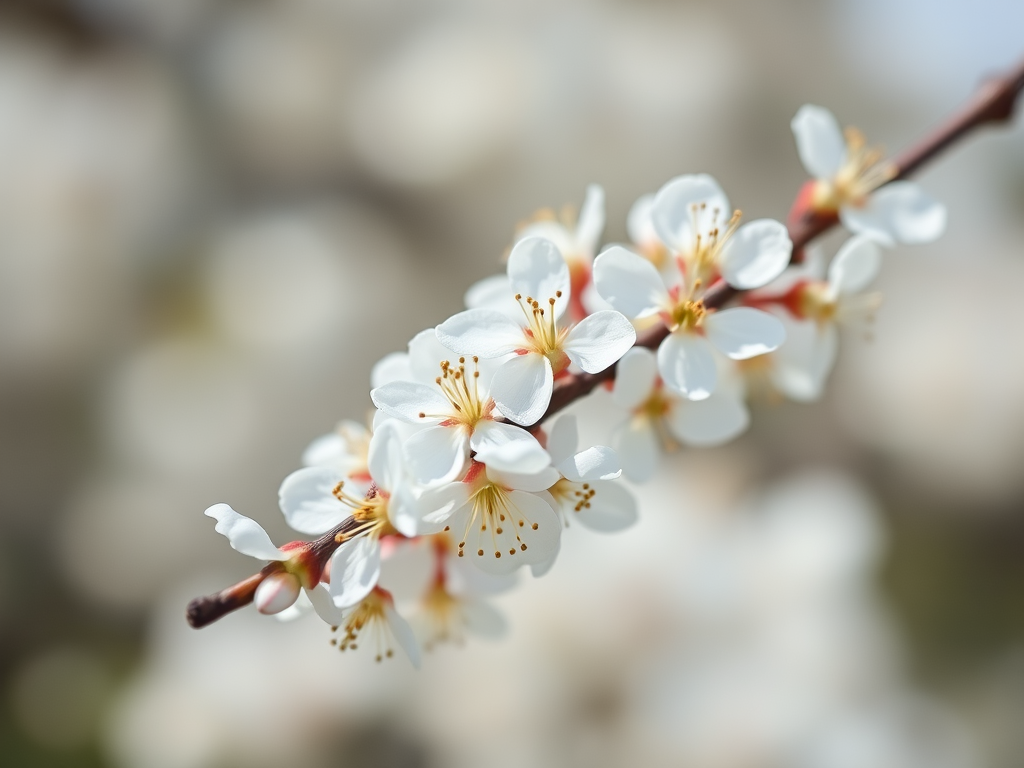 Capture a close-up of delicate white flowers on a branch with a shallow depth of field, using a DSLR camera at f/2.8, ISO 100, 50mm lens, soft natural lighting, and a macro perspective to enhance details.