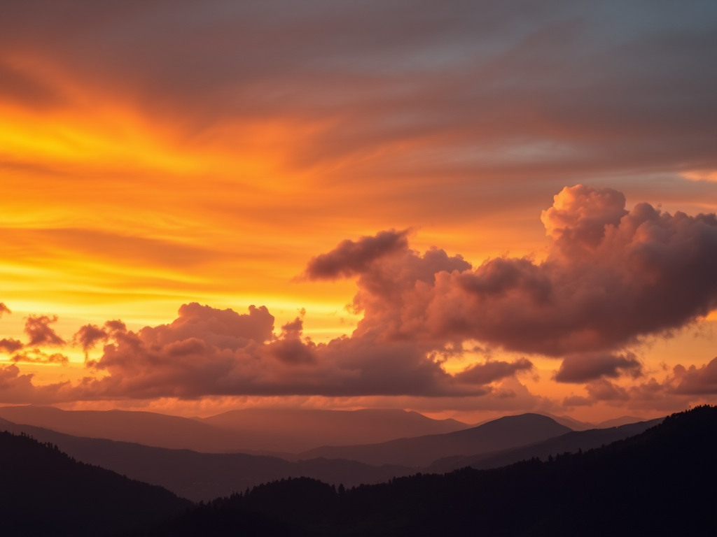 sunset over mountains with dramatic clouds, warm orange and yellow hues, DSLR camera, f/11 aperture, ISO 100, 1/200 sec exposure, landscape orientation, panoramic view, high-resolution settings
