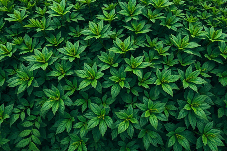 Create a highly detailed illustration of a lush, green bush with intricate foliage, using a DSLR camera with a 50mm lens, aperture set to f/2.8, ISO 100, and a shallow depth of field to enhance the texture and vibrancy of the leaves, capturing it from a low angle for a more dynamic view.