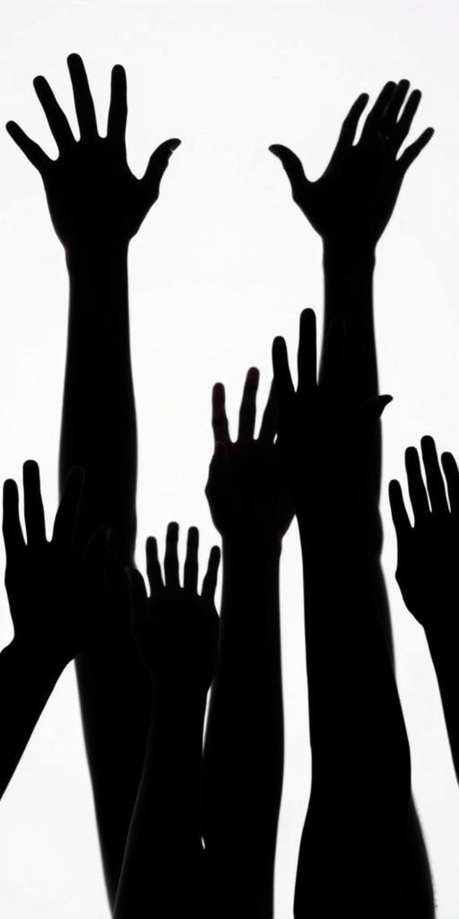 Create a high-contrast black silhouette of multiple hands raised in various positions against a white background, using a Canon EOS R5 with a 50mm f/1.2 lens, aperture set to f/2.8, shutter speed at 1/250s, ISO 100, captured in a studio setting with diffused lighting for even illumination.