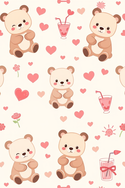 Create a cute and playful pattern featuring cartoon bear shapes in various poses surrounded by whimsical elements like hearts flowers and drinks in soft pastel colors with a glossy texture on a light background