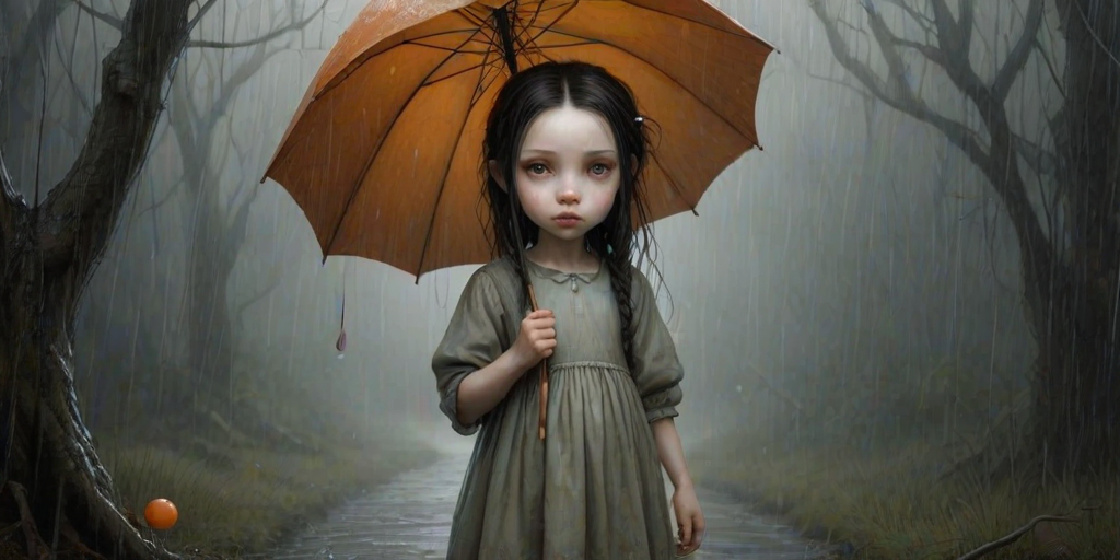 An eerie, weird little girl with dark hair in thin pigtails, wearing a smock dress, standing in the rain, holding a dirty orange umbrella, a small, odd creature beside her. In a surreal style inspired by Nicoletta Ceccoli and Brian Froud. Dark fantasy themes