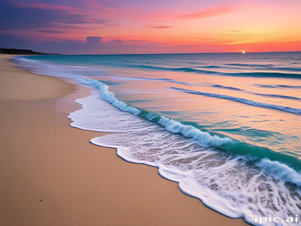 Serene Sunset Over Tranquil Beach with Gentle Waves and Colorful Sky