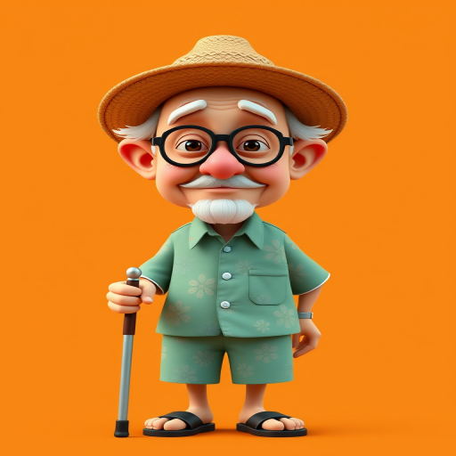 Create an image of a cartoon elderly character with a cane, wearing a floral shirt and a straw hat, standing against a solid orange background, with a DSLR camera using a 50mm lens, f/1.8 aperture, ISO 100, and 1/200s shutter speed for enhanced clarity and depth of field.