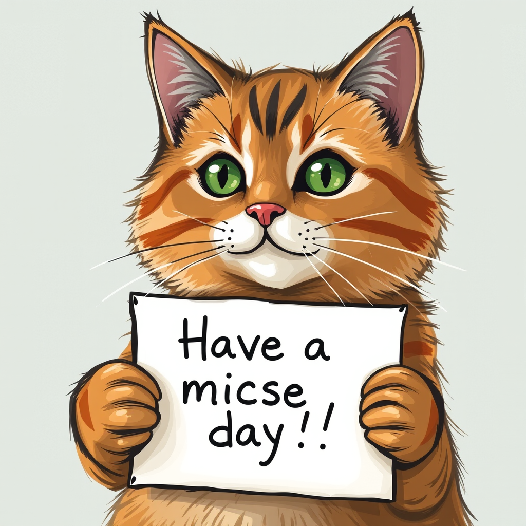 cat holding a note which says "Have a mice day!"