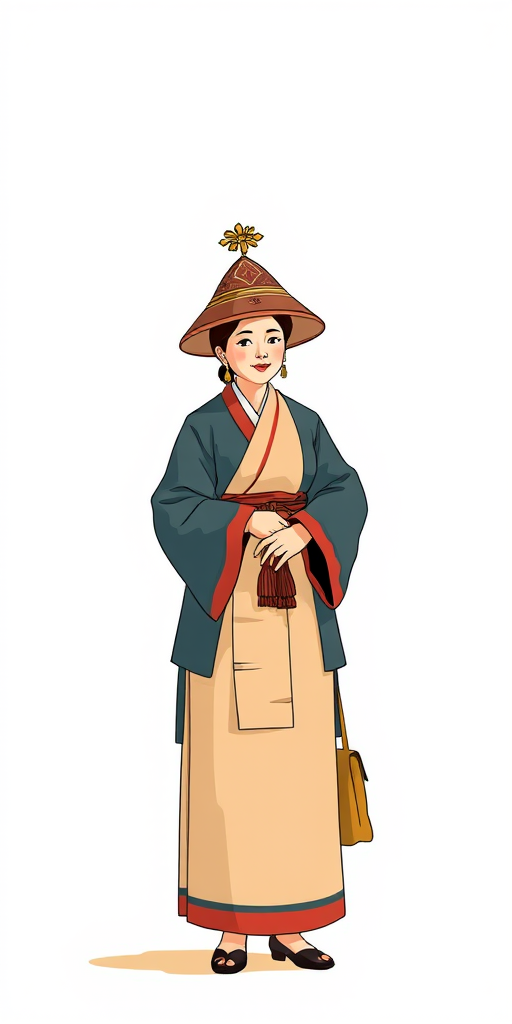 Generate an illustration of a standing figure wearing traditional attire with an intricate hat, holding a bag, in a well-lit environment, using a DSLR camera with a 50mm lens, aperture set to f/2.8, shutter speed at 1/125s, ISO 100, capturing in natural light for enhanced detail and clarity.