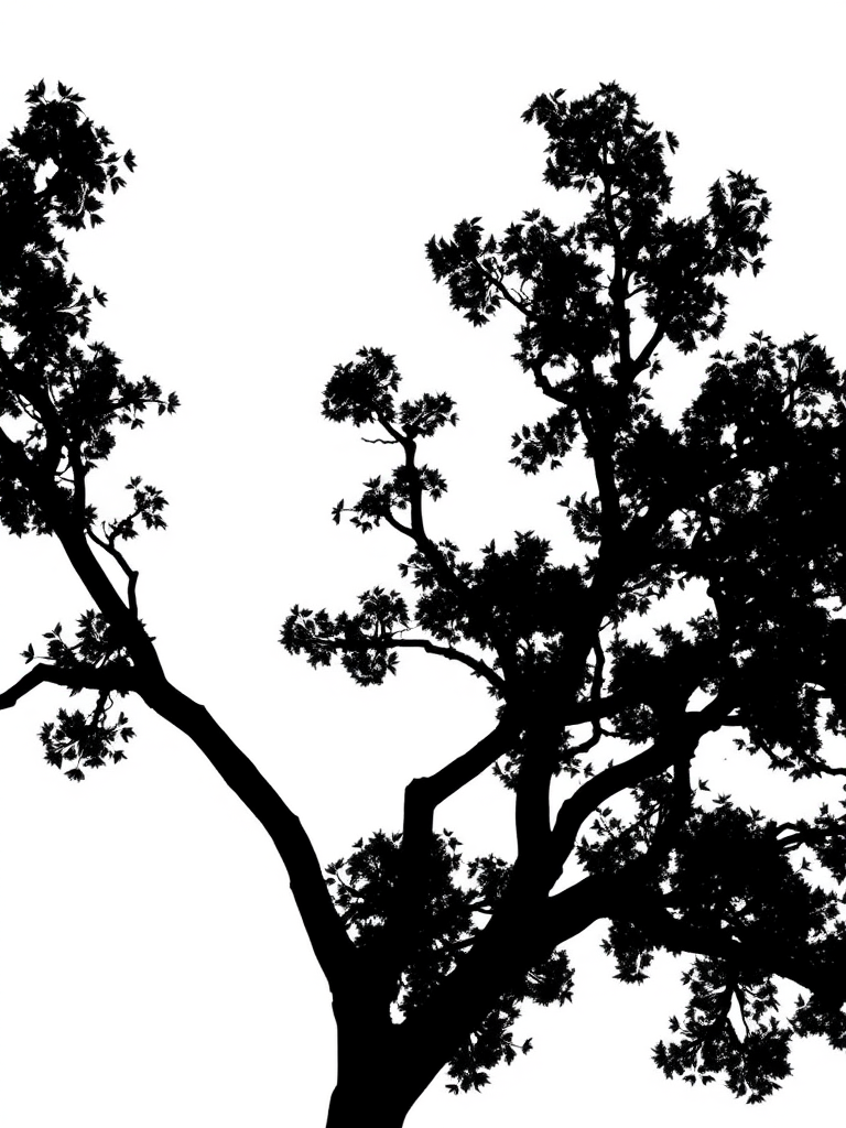 Generate a high-resolution image of a minimalist black silhouette of a tree on a white background, captured with a DSLR camera at f/8 aperture, ISO 100, 50mm lens, in natural lighting from a low angle to enhance the contrast and detail.