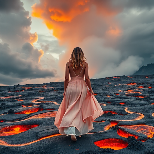 Create a high-resolution image of a woman in a flowing dress standing amidst flowing lava, dramatic clouds and smoke in the background, shot with a DSLR camera at f/2.8, ISO 200, shutter speed 1/1000, using a wide-angle lens at 24mm for an immersive perspective.