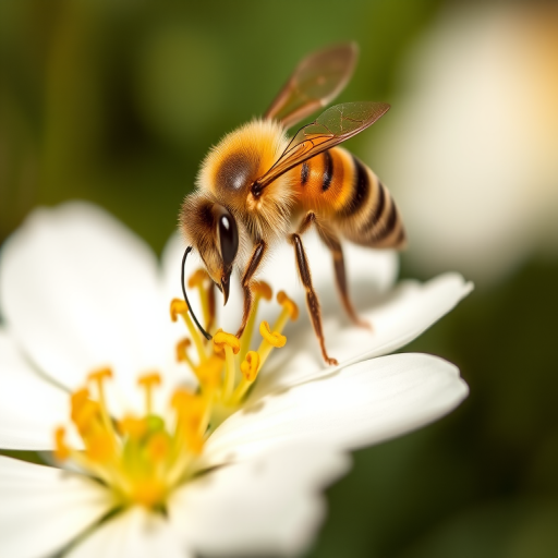 macro shot of a bee collecting pollen from a white flower using a DSLR camera with a 100mm macro lens, aperture f/2.8, ISO 200, shutter speed 1/200s, natural lighting, shallow depth of field, focus on the bee