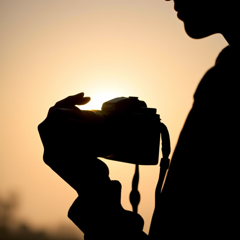 A silhouette of a person holding a camera, shot using a DSLR, aperture f/2.8, ISO 100, 50mm lens, natural light, with a shallow depth of field for a soft background.