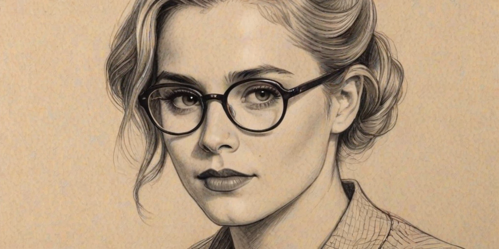 Appealing Alison Lohman, pencil sketch, portrait of Bewitching woman 1934s in glasses, hair style beatnik, outline, clear lines, fine lines, 8k