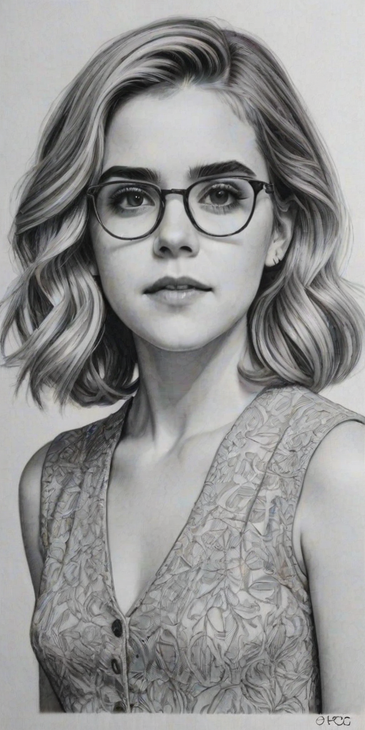 Delightful Kiernan Shipka, pencil sketch, portrait of Radiant woman 1965s in glasses, hair style beatnik, outline, clear lines, fine lines, 8k