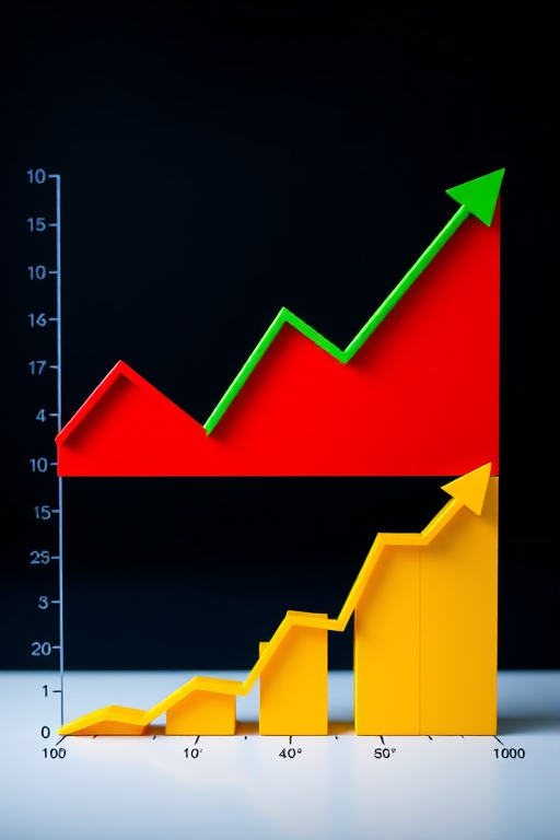 Create an image of four colorful graphs arranged in a grid: one red upward trend, one green downward trend, one blue downward trend, and one yellow upward trend, shot with a DSLR camera, aperture f/8, ISO 100, focal length 50mm, high dynamic range for enhanced detail.