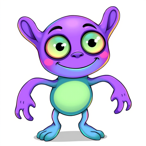 Create an illustration of a purple alien character with large eyes, a quirky smile, and cartoonish limbs, in a bright and colorful style with a white background, using a digital drawing tablet with a resolution of 300 DPI, focused on vibrant colors and clean outlines, captured at a high-angle view with soft lighting.