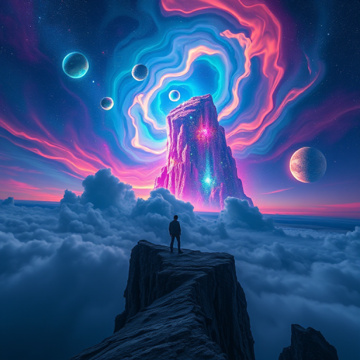 Create a vibrant cosmic landscape featuring a figure standing on a cliff with colorful swirling clouds and distant planets, captured with a Canon EOS R5, 24mm lens at f/2.8, ISO 100, and a long exposure for enhanced detail and depth.