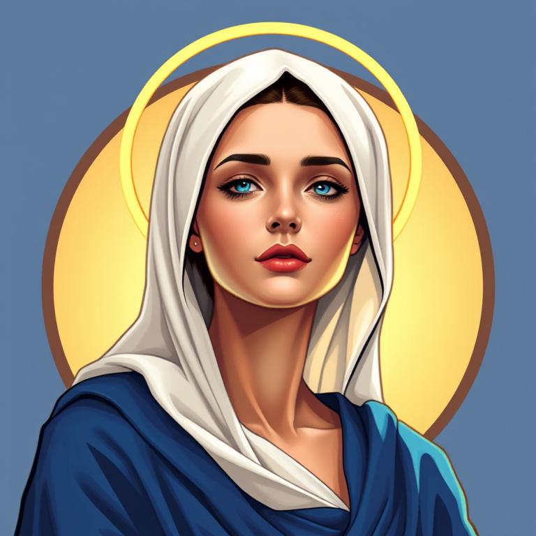 Create a digital illustration of a serene woman with a halo, wearing a blue robe and white headscarf, in a circular frame, use a Canon EOS R5 camera, settings: ISO 100, aperture f/2.8, shutter speed 1/125s, view: portrait style, enhance colors and contrast for a vivid appearance.