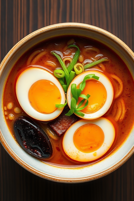 a vibrant bowl of ramen with two soft-boiled eggs and green onions, overhead view, captured with a DSLR camera, f/2.8 aperture, 1/60s shutter speed, ISO 200, natural light for enhanced colors and detail