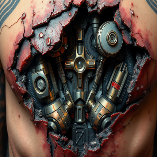Realistic 3D biomechanical tattoo revealing cybernetic enhancements beneath torn skin, incorporating hyperrealistic textures and metallic sheen for a stunning trompe l'oeil effect