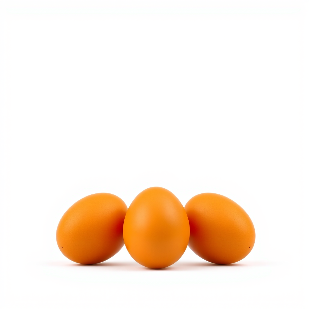 Create a realistic illustration of three smooth, orange eggs positioned closely together, using a 50mm lens, f/2.8 aperture, with a shallow depth of field, in soft natural lighting, shot from a slightly elevated angle with a DSLR camera.
