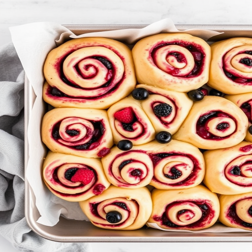 A baking tray filled with freshly rolled berry cinnamon rolls featuring swirls of dough and a mix of blueberries, blackberries, and raspberries, arranged neatly in a square metal tray with parchment paper lining, showcasing a light and fluffy texture, with a soft gray cloth draped beside the tray.