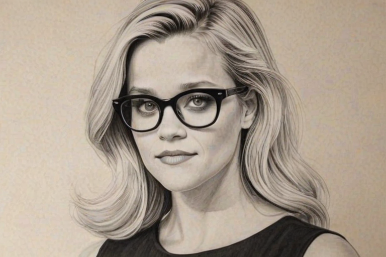 Enchanting Reese Witherspoon, pencil sketch, portrait of Sublime woman 1969s in glasses, hair style beatnik, outline, clear lines, fine lines, 8k
