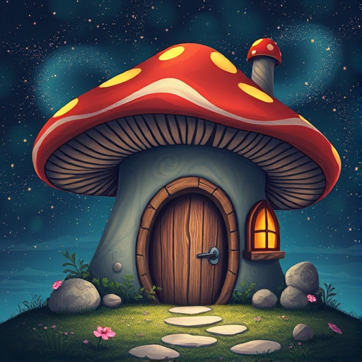 generate illustration of a mushroom house with a door and a window, a storybook , fantasy art, mushroom house, bg starry sky, sparkles