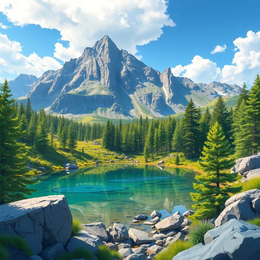 Create a vibrant illustration of a serene mountain landscape with a clear lake, lush green pine trees, and rocky terrain, using a Canon EOS R5 camera with a 24-70mm lens at f/8, ISO 100, and a shutter speed of 1/250 seconds, capturing a wide-angle view in a cinematic style to enhance the colors and details.