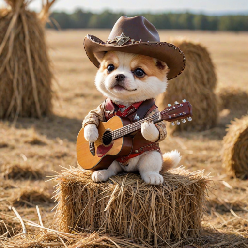 A chibi dog, dressed as a cowboy, playing guitar, sitting on a hay bale