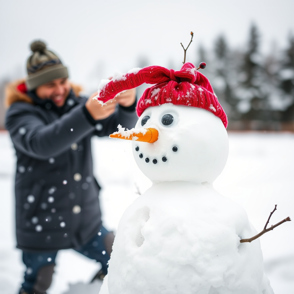 A person building a snowman in a snowy landscape, focusing on the detailed crafting of the snowman's face, with red berries as decoration, taken with a DSLR camera at f/2.8 aperture, 1/200 shutter speed, ISO 200, with a shallow depth of field for a blurred background.